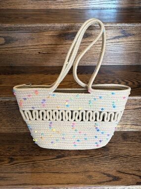 Lulla Collection Woven Rope Beach Tan Tote with Colourful Pom Accents Vacation